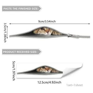 Detailed size specifications for 3D kitten zipper wall sticker with 9x3.5cm finished size