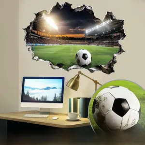 3D cracked wall soccer stadium sticker showing realistic turf and stadium lights detail