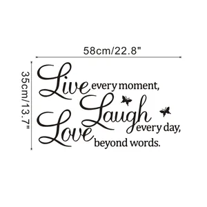 Black cursive 'Live Laugh Love' wall decal with butterflies, size 58cm x 35cm for home decor