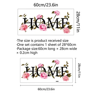 Sticker mural fleuri HOME avec pivoines roses et feuilles vertes, 60 cm de large