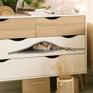 Creative 3D wall sticker featuring a cute ginger cat peeking through a zipper design
