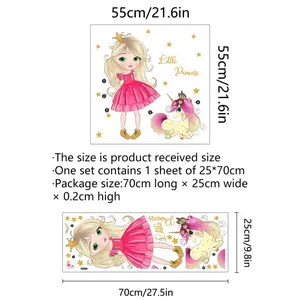 Stickers muraux petite princesse de dessin animé et licorne rose pour chambre d'enfant