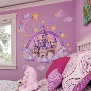 Watercolor fairy tale castle wall decal with rainbow and stars for kids room decor