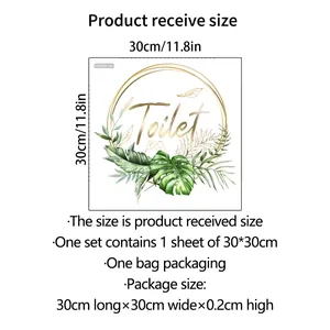 Detail of tropical leaf wall sticker with Toilet sign and 30x30cm size specifications