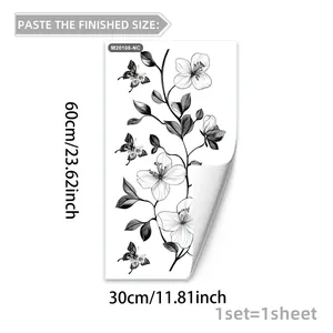 Detail of 60x30cm minimalist black flower and butterfly wall decal with dimensions