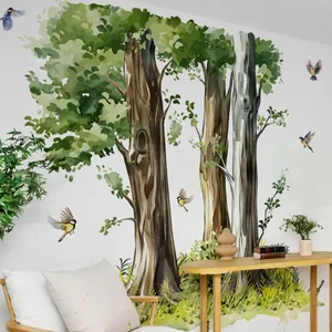 Self-adhesive watercolor forest trees and birds wall stickers for living room decor