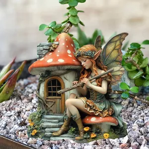Detailed garden fairy sitting by a mushroom house playing flute among green plants