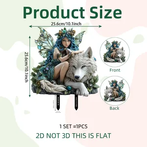 Garden stake showing fairy and white wolf design with 2D dimensions and ground peg