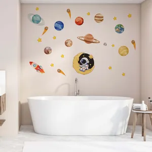 Hand-painted space wall stickers with cartoon astronaut, planets and rocket for kids room
