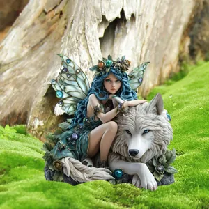 Close-up of fantasy fairy with blue hair and white wolf in a mossy garden setting
