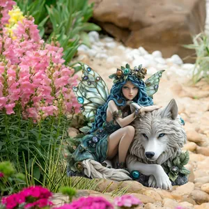 Close-up of fantasy fairy with blue hair and white wolf garden decorative sign