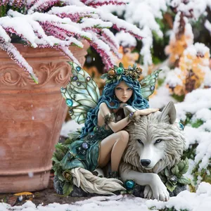 Detailed blue-haired fairy with wings sitting beside a white wolf in a garden
