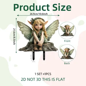 Detailed size specifications for a 2D PVC garden stake featuring a fairy girl design