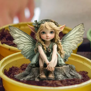 Detail of miniature garden fairy elf figurine with leaf wings sitting on a stump