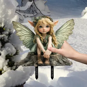 Detailed garden stake featuring a blonde fairy girl sitting on a realistic tree root base