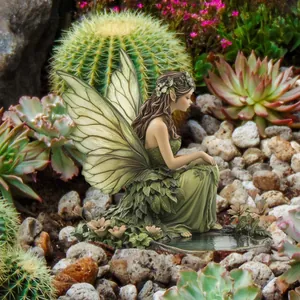 Miniature garden fairy statue with green leaf dress and wings for outdoor yard decor