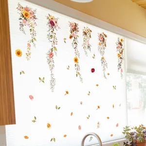 Hand-painted floral static window stickers with watercolor leaves for home glass decoration