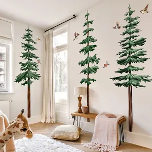 Hand-painted watercolor pine trees and flying birds wall stickers for kids room decor