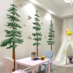 Creative hand-painted pine trees and birds wall stickers for kids bedroom decor