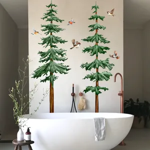 Detailed view of forest pine tree and birds wall decal in a modern bathroom setting