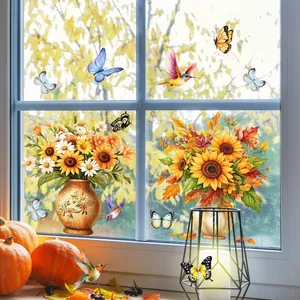 Détails d'autocollants de fenêtre d'automne avec tournesols, citrouilles et colibris