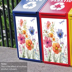 Detail of floral butterfly stickers on waste bins showing watercolor cosmos and lavender