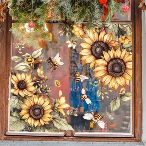 Détails de stickers de fenêtre tournesols et abeilles peints à la main pour décor