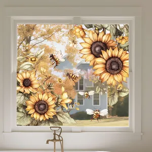 Vue détaillée des stickers de fenêtre tournesol et abeille sur verre avec style automne