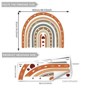 Detailed dimensions of boho rainbow wall stickers showing finished size and product layout