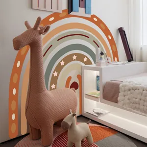 Detail of bohemian rainbow wall decals in warm earth tones for kids nursery room decor