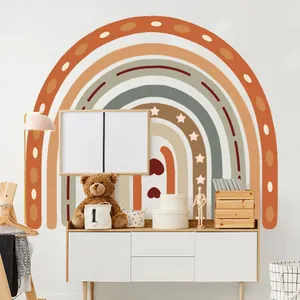 Large bohemian rainbow wall decal with stars and dots in earthy Morandi tones for nursery decor