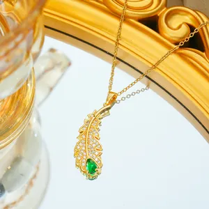 Titanium Steel Feather Necklace Gold Plated Copper Zircon Pendant With Green Stone Elegant Fashion Jewelry For Women