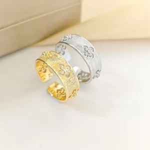 Vintage palace style adjustable open rings with hollow clover and brushed metal finish