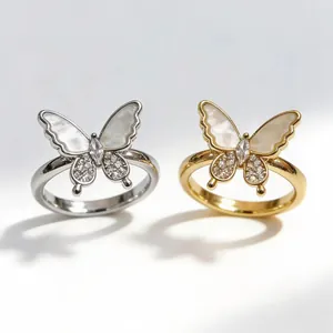 Bagues papillon en or 18k et argent avec nacre et zircons brillants de luxe
