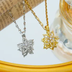 Rotating rose flower pendant necklaces in gold and silver plating with zircon stones