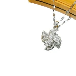 Titanium silver clover windmill pendant necklace with sparkling zircon pavé for women