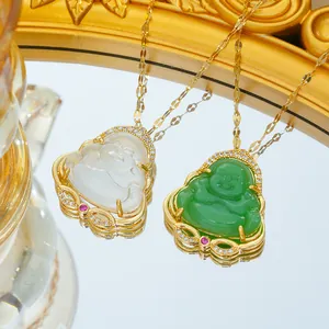 Collar con Colgante de Buda Maitreya de Acero Inoxidable para Mujer Chapado en Oro Circonita Imitación Jade Joyería de Amuleto