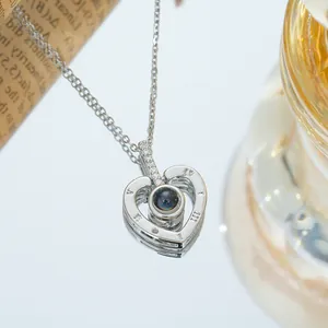 Titanium steel heart projection necklace with Roman numerals and elegant silver pendant