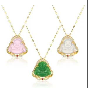 Collar de acero de titanio con colgante de Buda, imitación de jade y circonitas