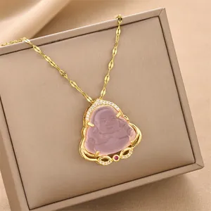 Pink laughing Buddha pendant in gold plated titanium steel with cubic zirconia and gift box