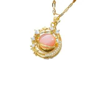 Pink opal planet necklace with gold star and crescent moon pendants in titanium steel