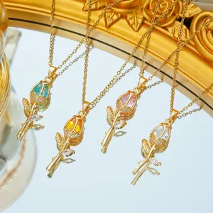Light Luxury Titanium Steel Zirconia Tulip Rose Flower Pendant Necklace Gold Plated O-Chain Floral Jewelry For Women Daily Gift