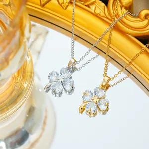 Mode Titanstahl Vierblättriges Kleeblatt Anhänger Halskette Mit Herz Zirkon Elegante Gold Silber Vergoldete Kette Damen Geschenk