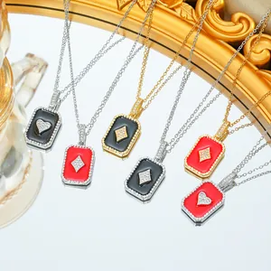 Titanium Steel Enamel Poker Card Square Pendant Necklace Gold Silver Plated Heart Geometric Jewelry Necklace For Women