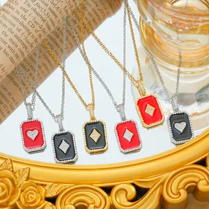 Titanium steel square pendant necklaces with red and black enamel heart and star patterns