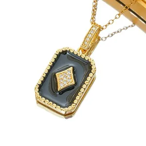Titanium steel gold rectangular star necklace with black enamel inlay and crystals