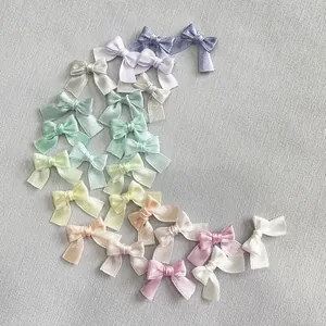Macro shot of colorful satin ribbon bows arranged in a crescent shape for DIY craft projects