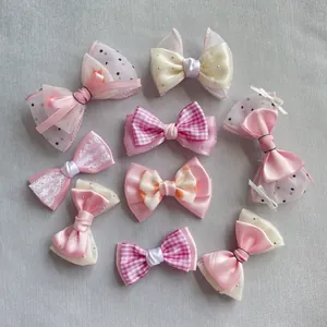 Handmade Satin Chiffon Lace Bow Hair Clips With Rhinestones Sweet Grid Plaid Hair Accessories For Women Girls Daily Decor