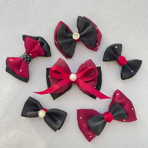 Handmade Satin Organza Bow Hair Accessory Red Black Polka Dot Rhinestone Artificial Pearl DIY Craft Decorative Headpiece Women Girls