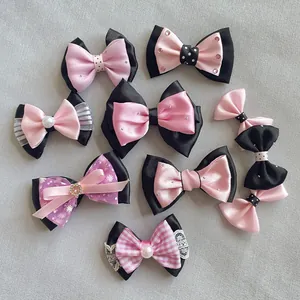 Accesorio DIY Lazo Rosa Negro Cinta de Satén Encaje Con Diamante de Imitación Perla Artificial Para Pinza de Pelo Bolsa Llavero Decoración Mascotas